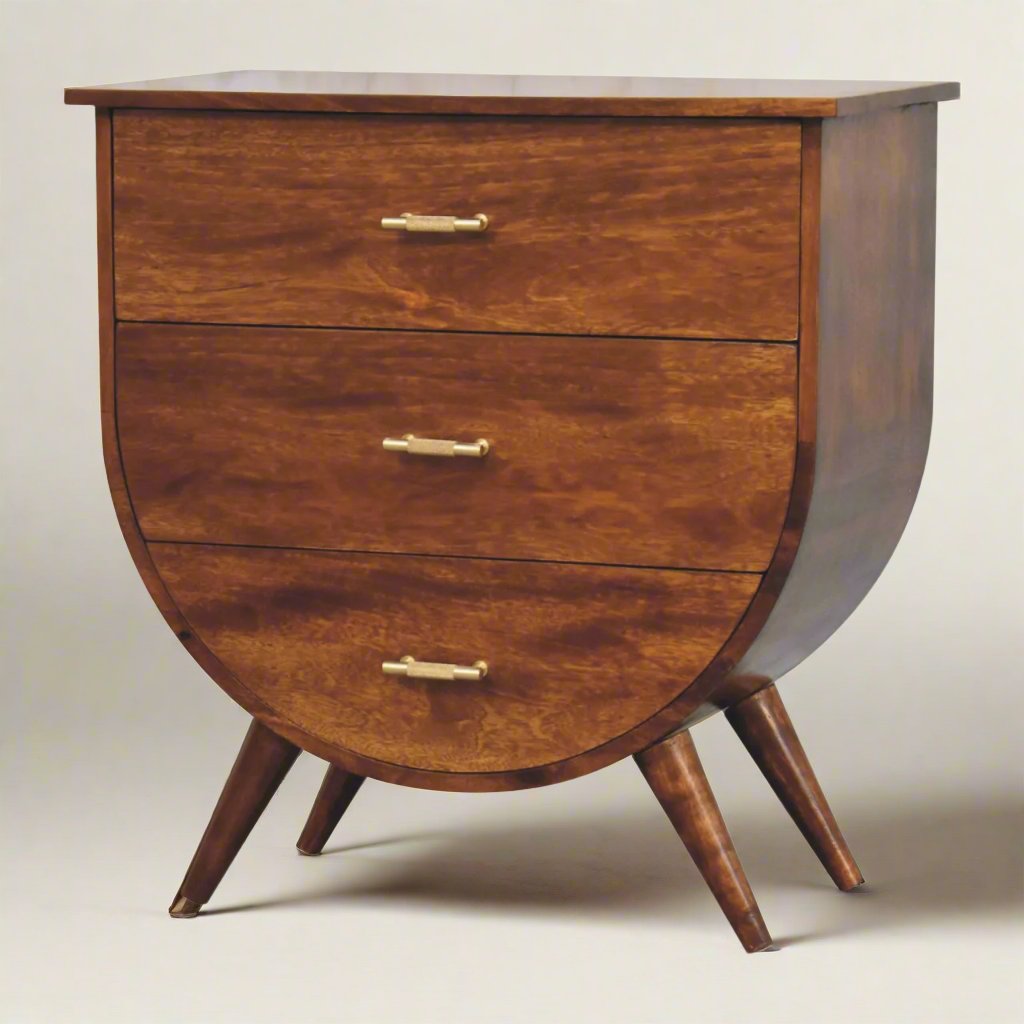 Agra Solid Mango Wood Bedside Table | Chestnut Finish with Nordic-Style Legs and Gold Accents