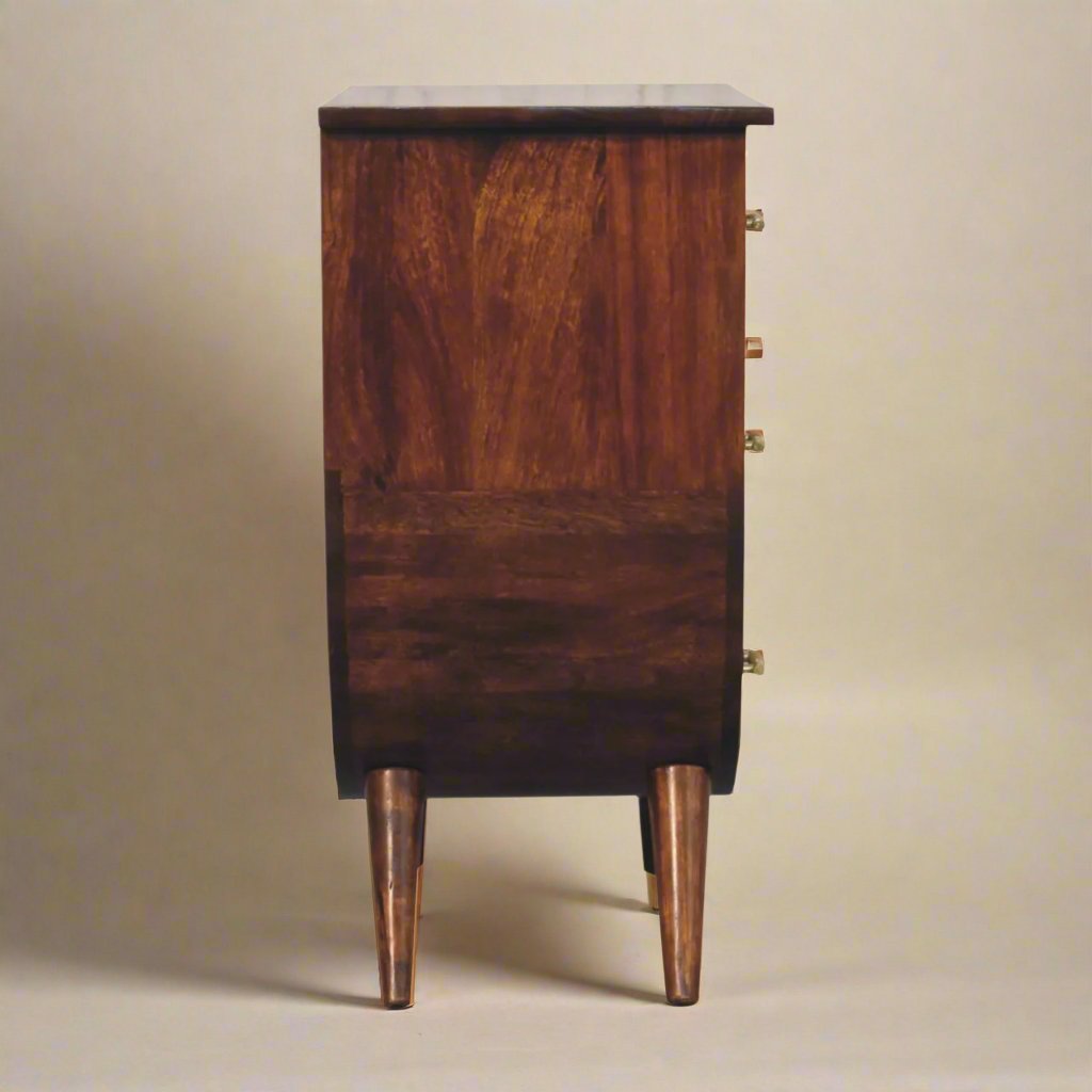 Agra Solid Mango Wood Bedside Table | Chestnut Finish with Nordic-Style Legs and Gold Accents