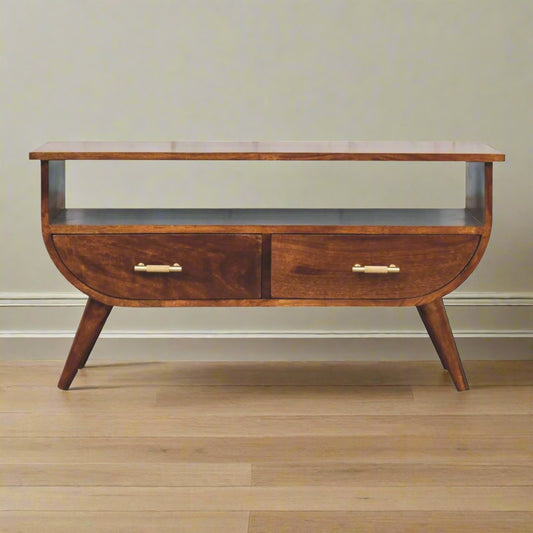 Agra Eye-Catching Media Unit | Solid Mango Wood with Chestnut Finish | Nordic-Style Legs | Gold T-Bar Handles