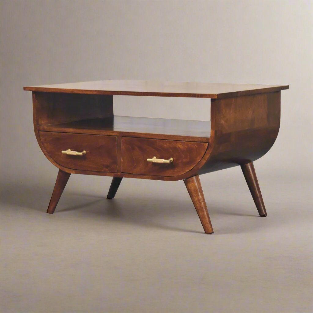 Agra Coffee Table | Solid Mango Wood Coffee Table | Chestnut Finish with Nordic-Style Legs & Gold Accents