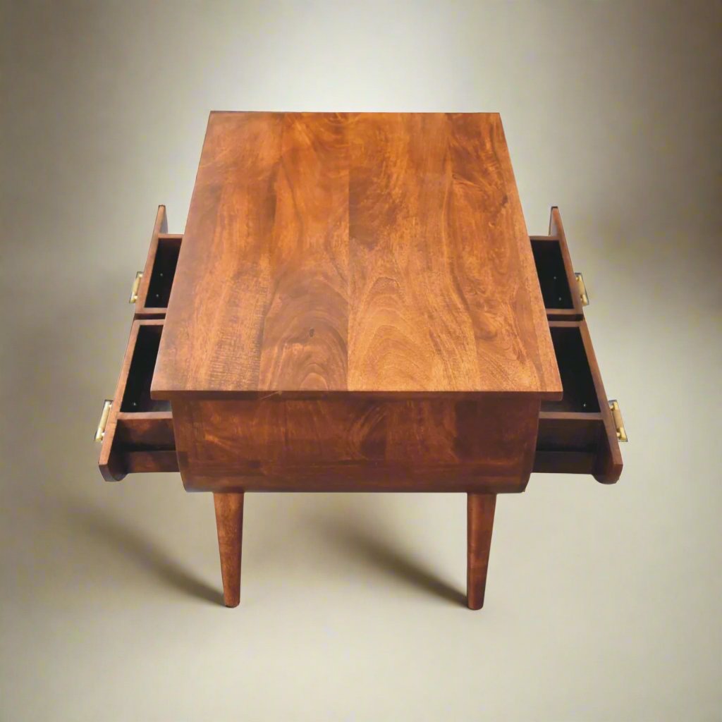 Agra Coffee Table | Solid Mango Wood Coffee Table | Chestnut Finish with Nordic-Style Legs & Gold Accents