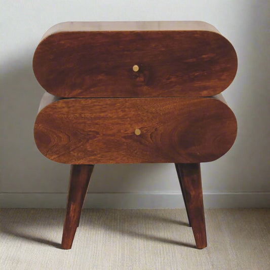 Round Capsule Bedside Table | Solid Mango Wood with Chestnut Finish and Nordic-Style Legs