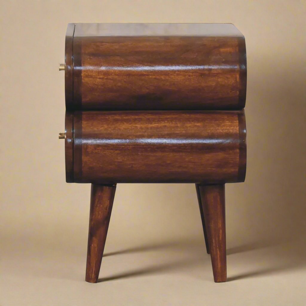 Round Capsule Bedside Table | Solid Mango Wood with Chestnut Finish and Nordic-Style Legs