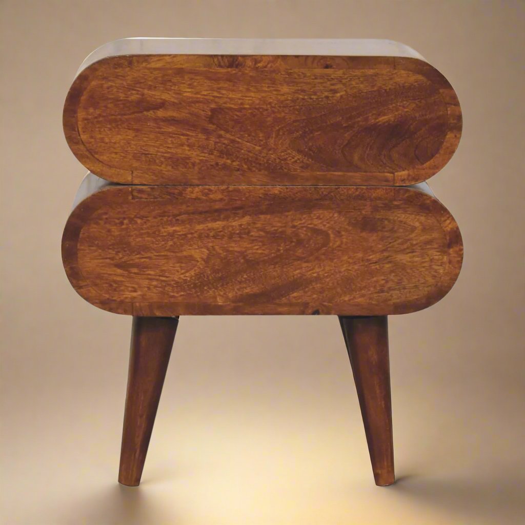 Round Capsule Bedside Table | Solid Mango Wood with Chestnut Finish and Nordic-Style Legs