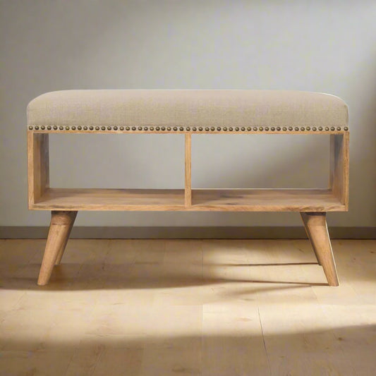 Studded Linen Open Bench | Solid Mango Wood Hallway Bench with Studded Detailing and Cream Linen Upholstery | Nordic-Style Design