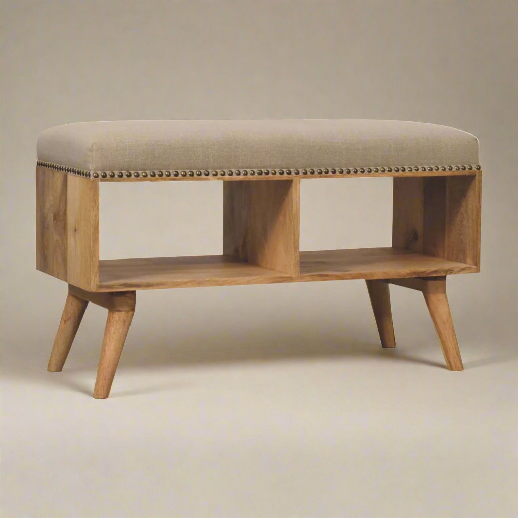 Studded Linen Open Bench | Solid Mango Wood Hallway Bench with Studded Detailing and Cream Linen Upholstery | Nordic-Style Design