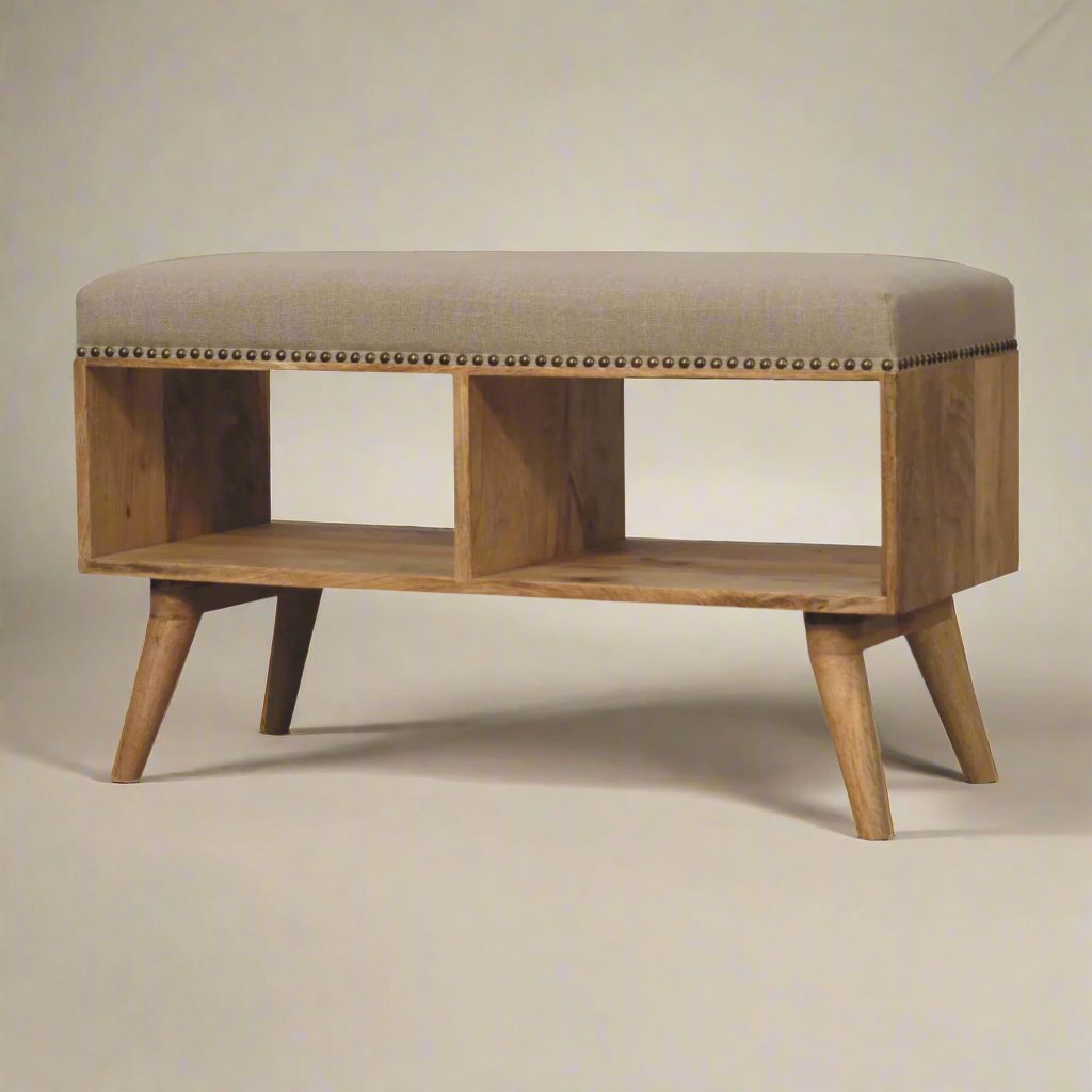 Studded Linen Open Bench | Solid Mango Wood Hallway Bench with Studded Detailing and Cream Linen Upholstery | Nordic-Style Design