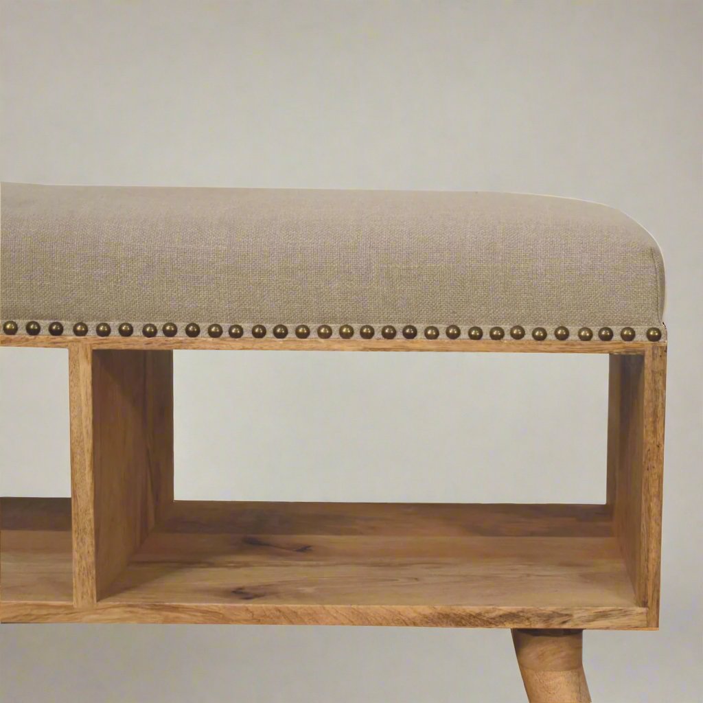 Studded Linen Open Bench | Solid Mango Wood Hallway Bench with Studded Detailing and Cream Linen Upholstery | Nordic-Style Design