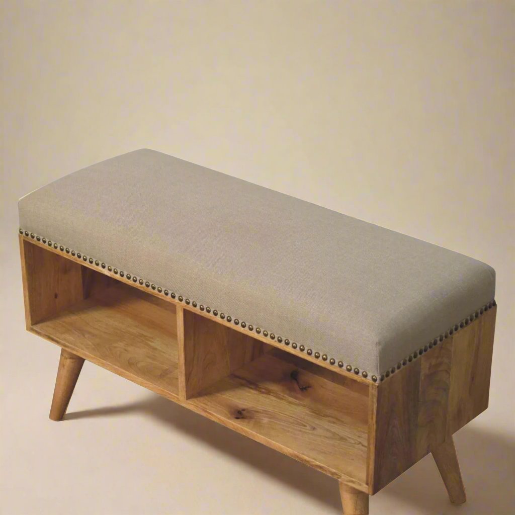 Studded Linen Open Bench | Solid Mango Wood Hallway Bench with Studded Detailing and Cream Linen Upholstery | Nordic-Style Design