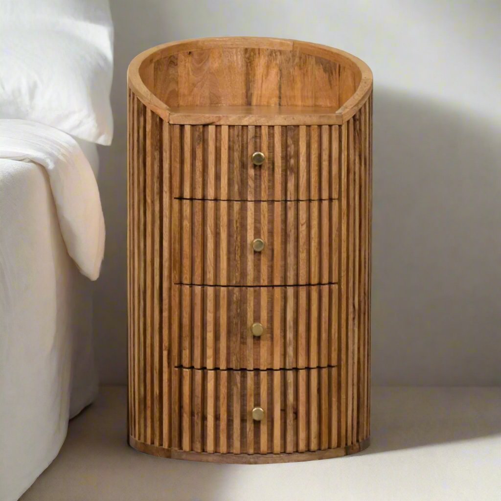 Soba Bedside Table | 100% Solid Mango Wood with Hand-Carved Design and Spacious Drawers