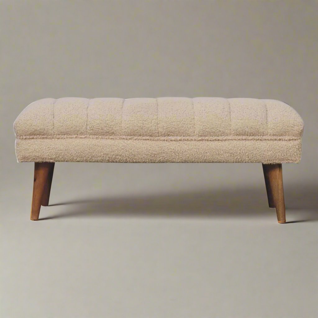 Cream Boucle Puffer Bench | Curved Design with Luxurious Boucle Upholstery