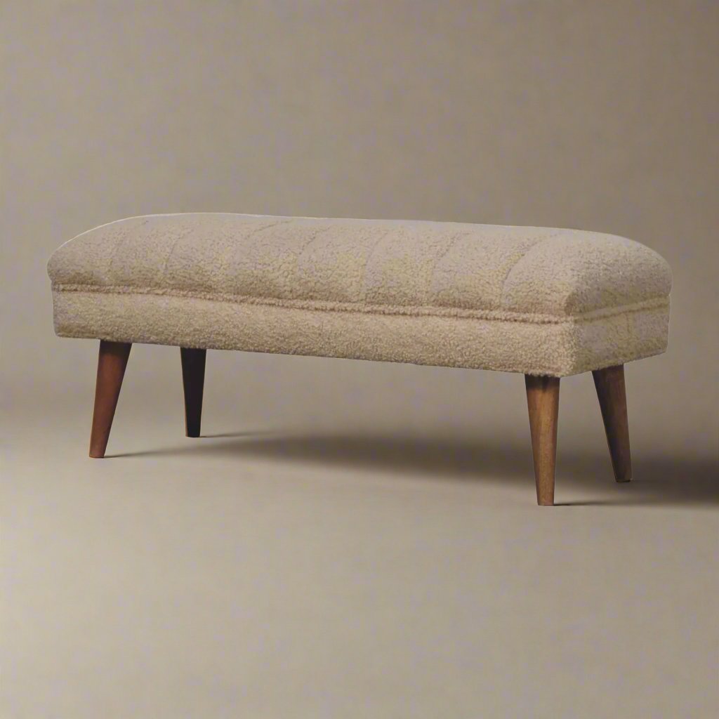 Cream Boucle Puffer Bench | Curved Design with Luxurious Boucle Upholstery