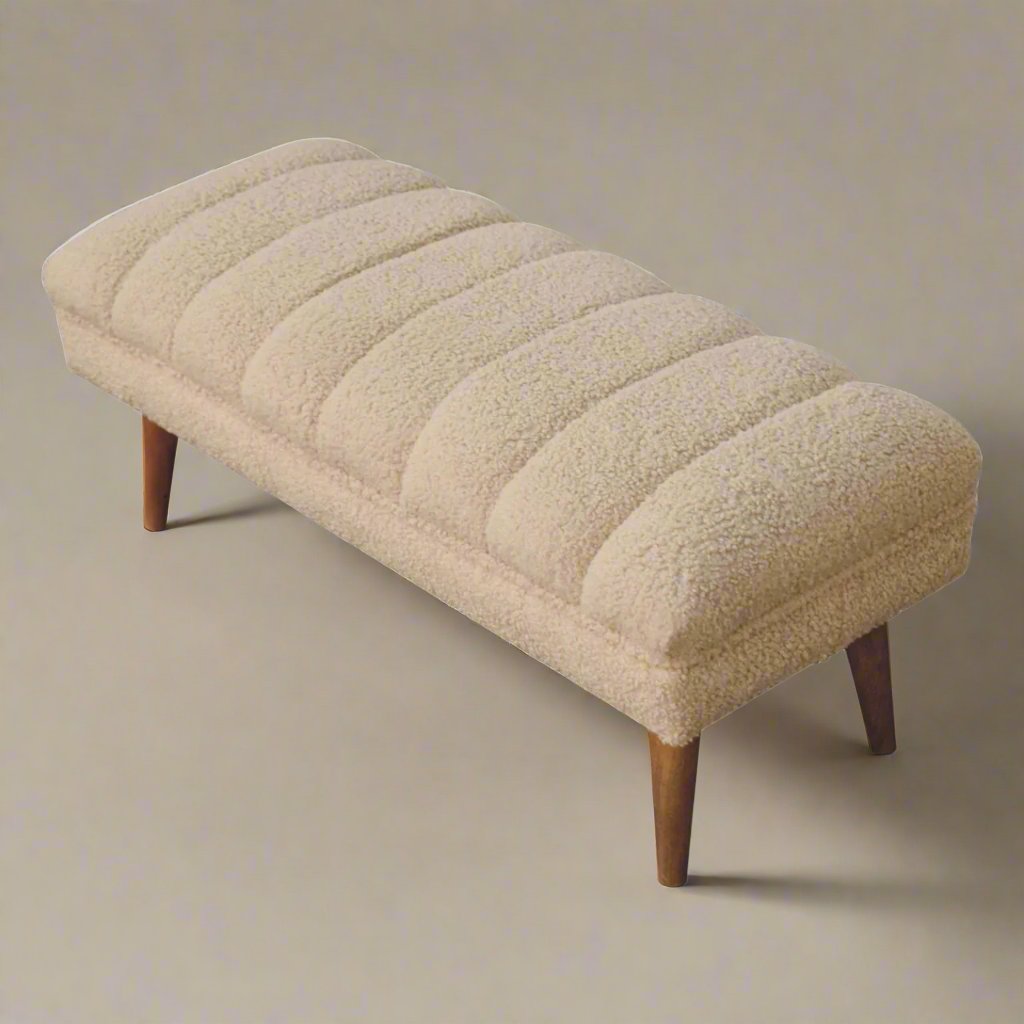 Cream Boucle Puffer Bench | Curved Design with Luxurious Boucle Upholstery