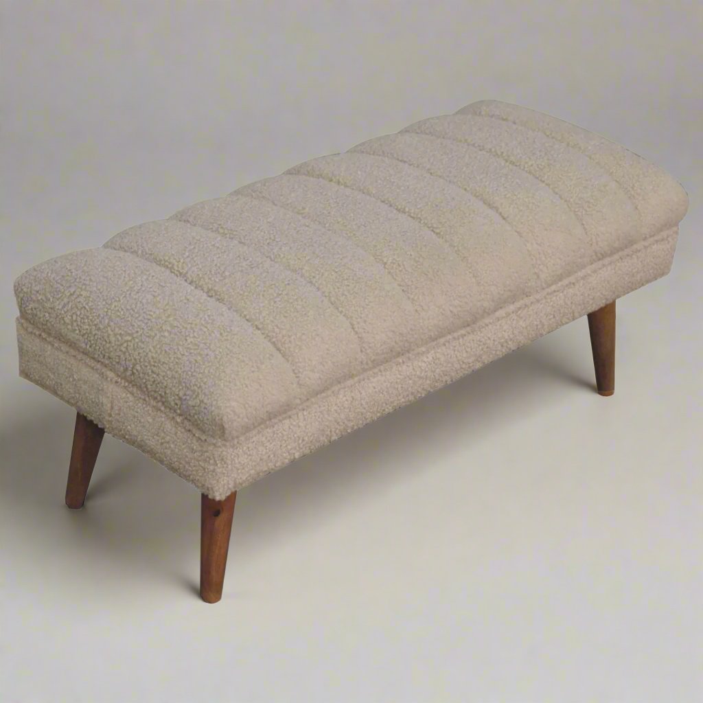 Cream Boucle Puffer Bench | Curved Design with Luxurious Boucle Upholstery