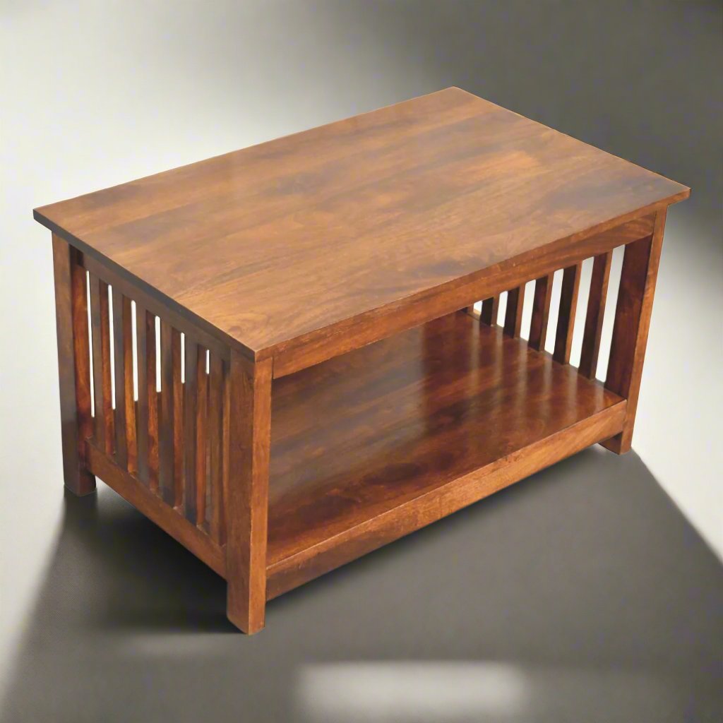 Slatted Solid Mango Wood Coffee Table | Chestnut Finish with Side-Slatted Design