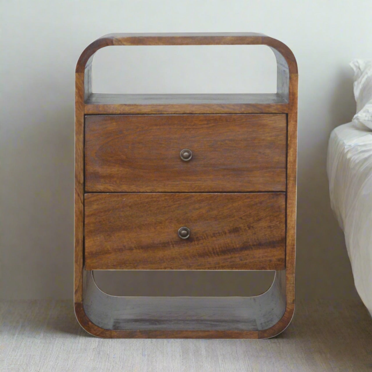 Chestnut Curved Bedside with 2 Drawers