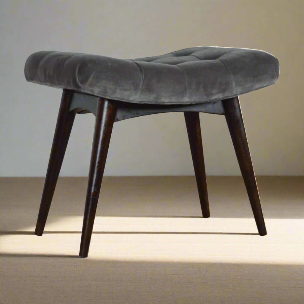 Nordic-Style Velvet Bench with Solid Mango Wood Legs in Walnut Finish