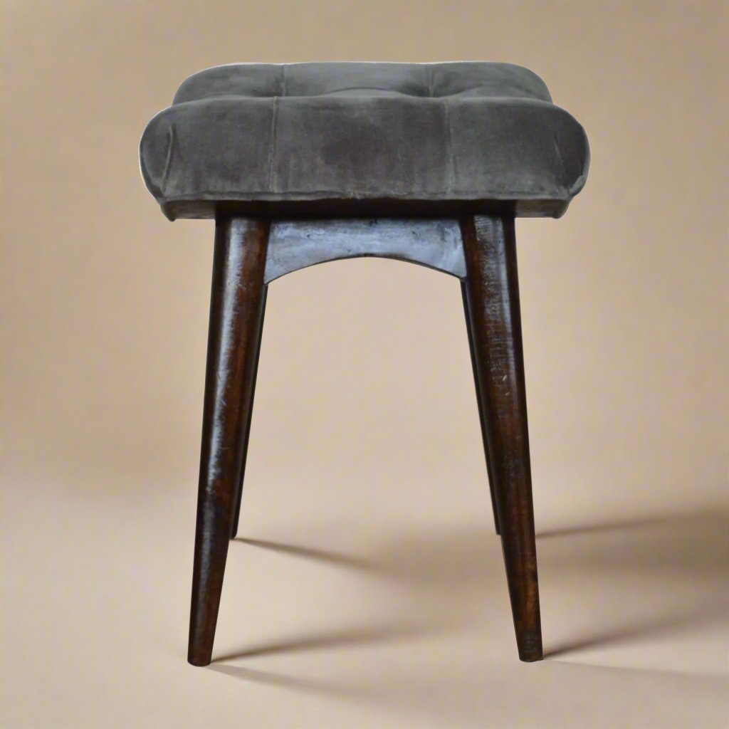 Nordic-Style Velvet Bench with Solid Mango Wood Legs in Walnut Finish