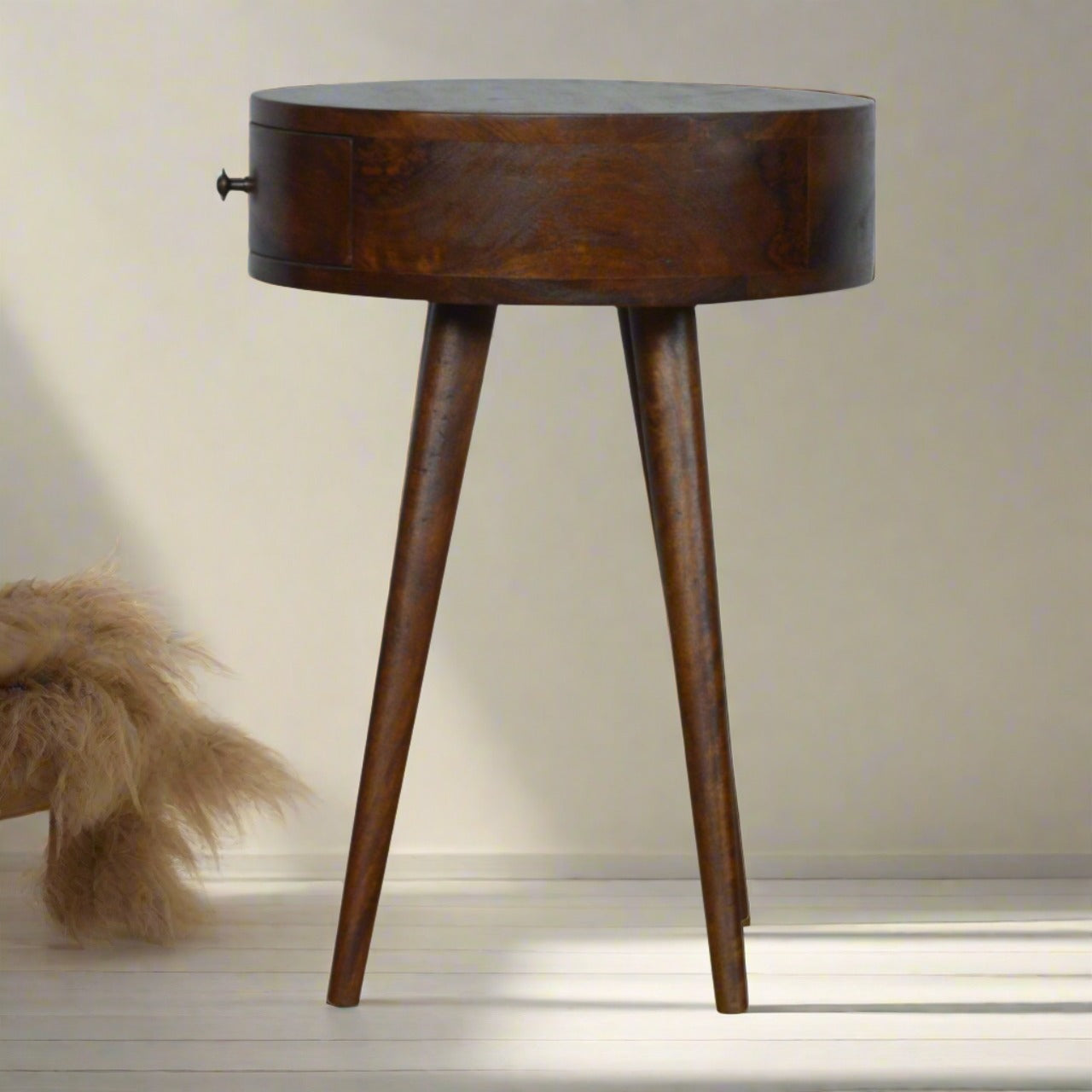 Nordic Elegant Solid Mango Wood Bedside Table in Chestnut Finish - Circular Design with Shiny Knob