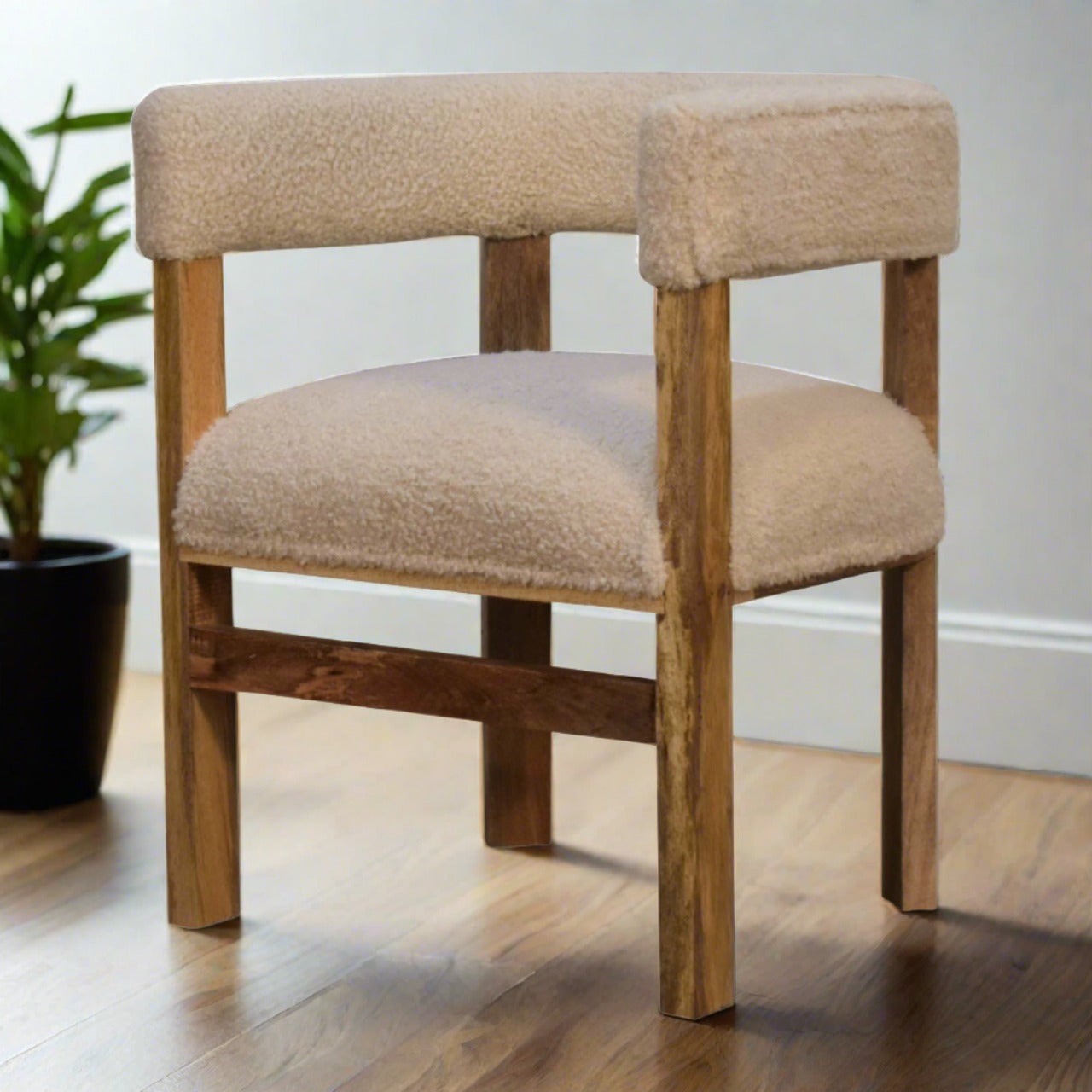 Cream Boucle Solid Wood Chair