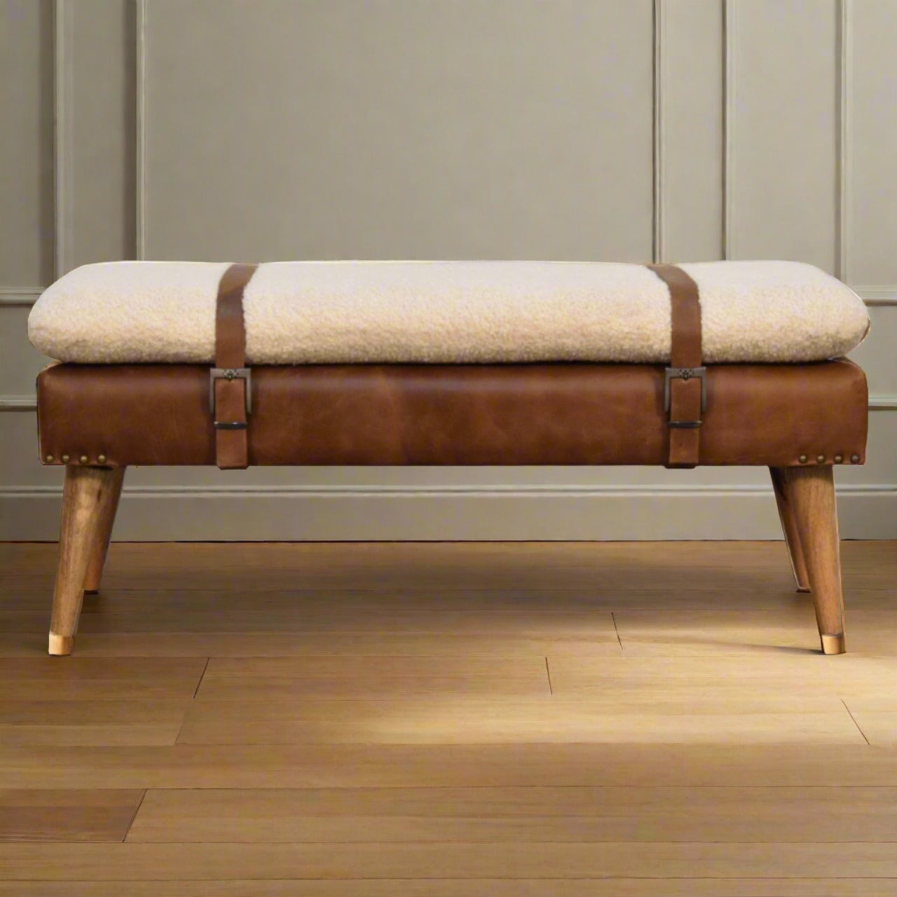 Bouclé Buffalo Hide Leather Bench