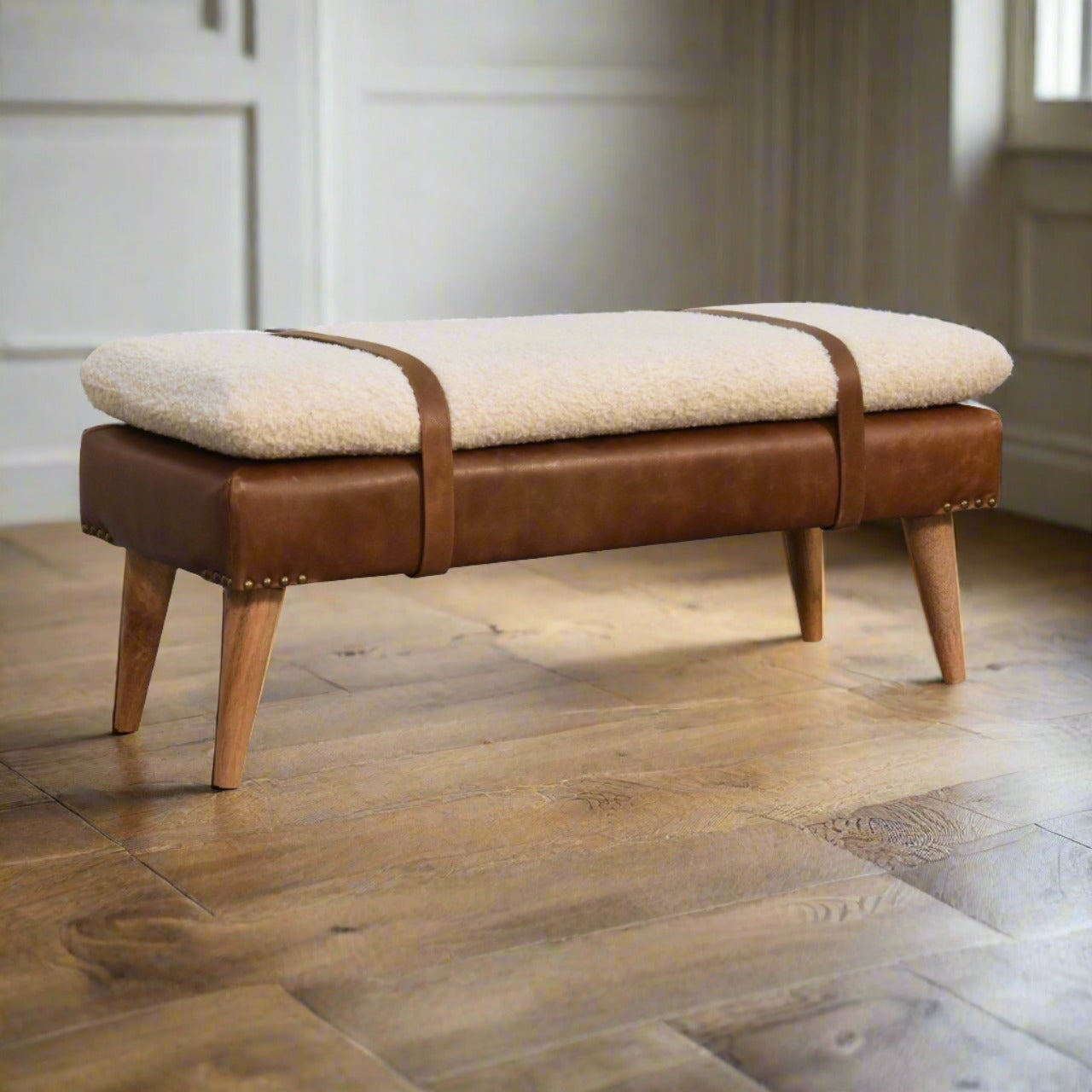 Bouclé Buffalo Hide Leather Bench