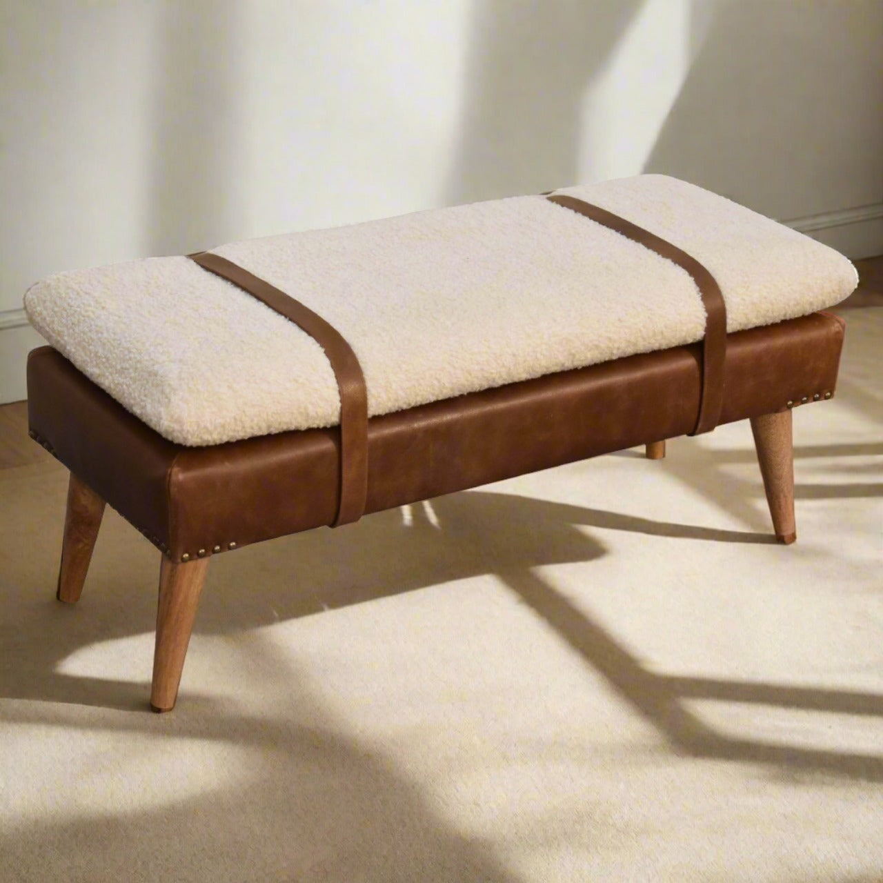 Bouclé Buffalo Hide Leather Bench