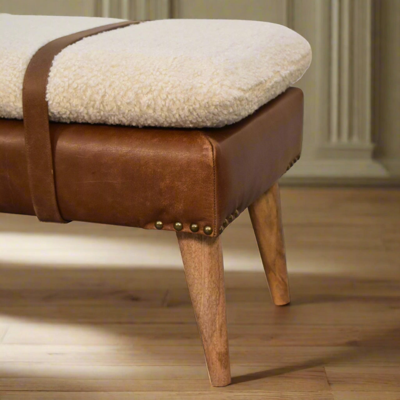 Bouclé Buffalo Hide Leather Bench