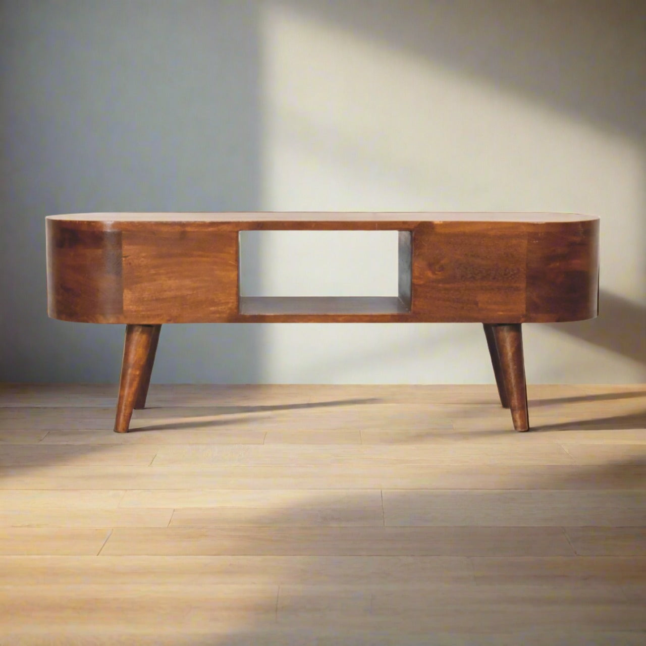 Modern wood media stand with drawers