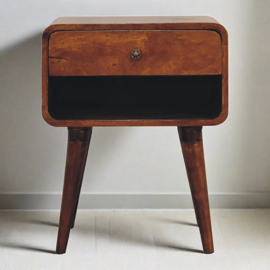 Open Slot Chestnut Curved Bedside table with 1 Drawer