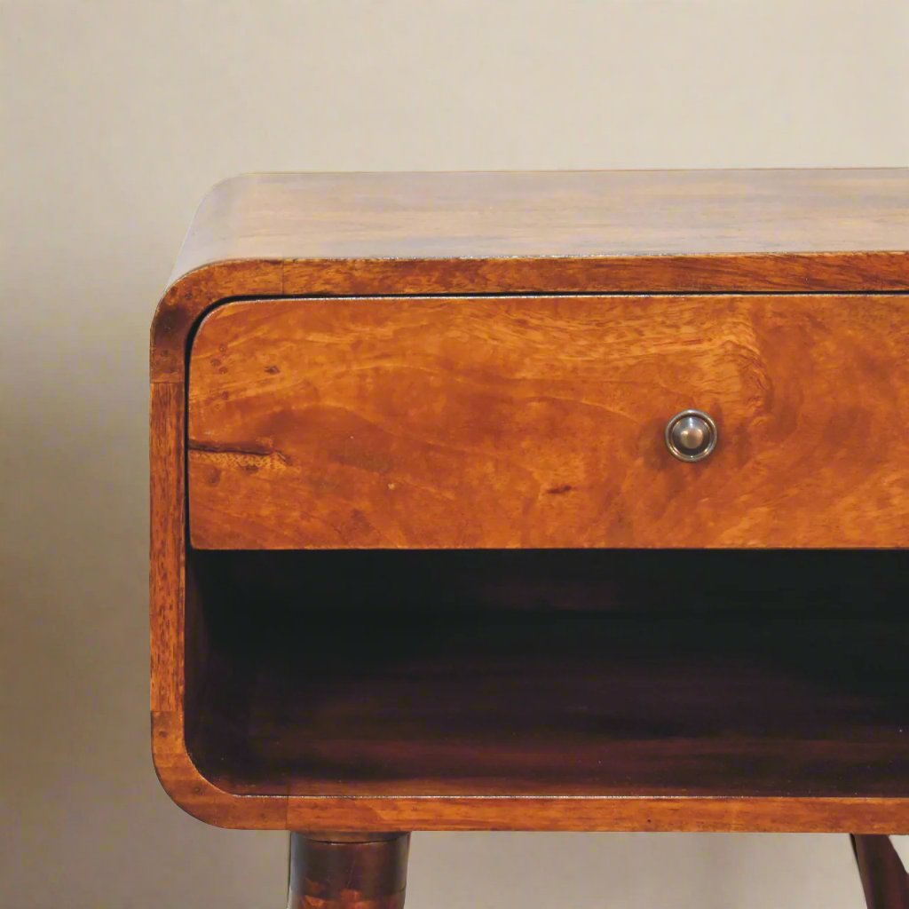 Open Slot Chestnut Curved Bedside table with 1 Drawer