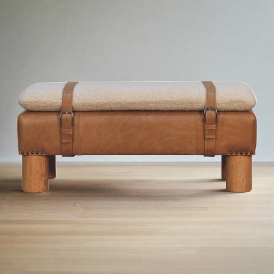 Strapped Cylinder Bench - Boucle Seat with Buffalo Leather Base – Elegant and Versatile Accent Piece