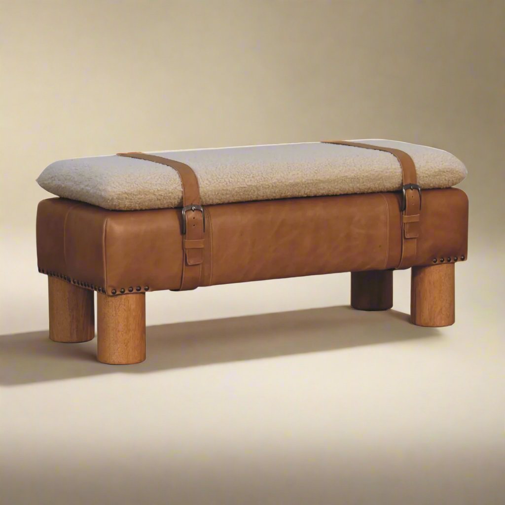 Strapped Cylinder Bench - Boucle Seat with Buffalo Leather Base – Elegant and Versatile Accent Piece