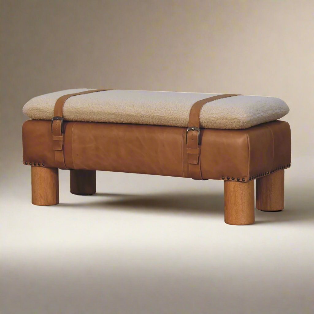 Strapped Cylinder Bench - Boucle Seat with Buffalo Leather Base – Elegant and Versatile Accent Piece