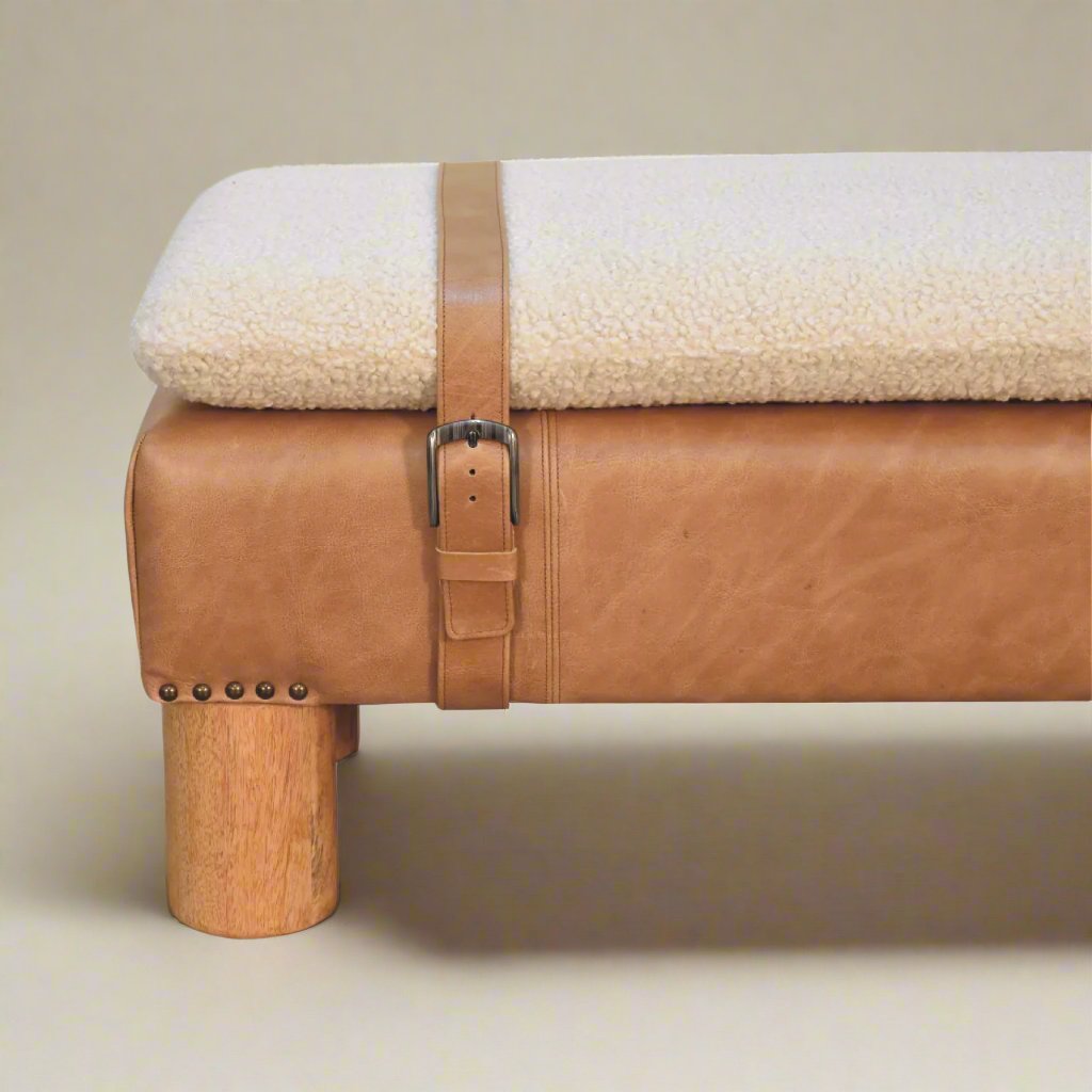 Strapped Cylinder Bench - Boucle Seat with Buffalo Leather Base – Elegant and Versatile Accent Piece