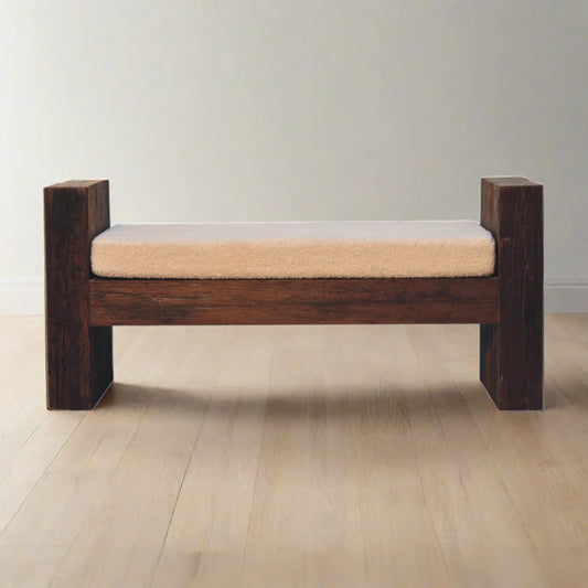 Wood Bench with Boucle Seat | Teak, Oak & Pine with Ridged Edges