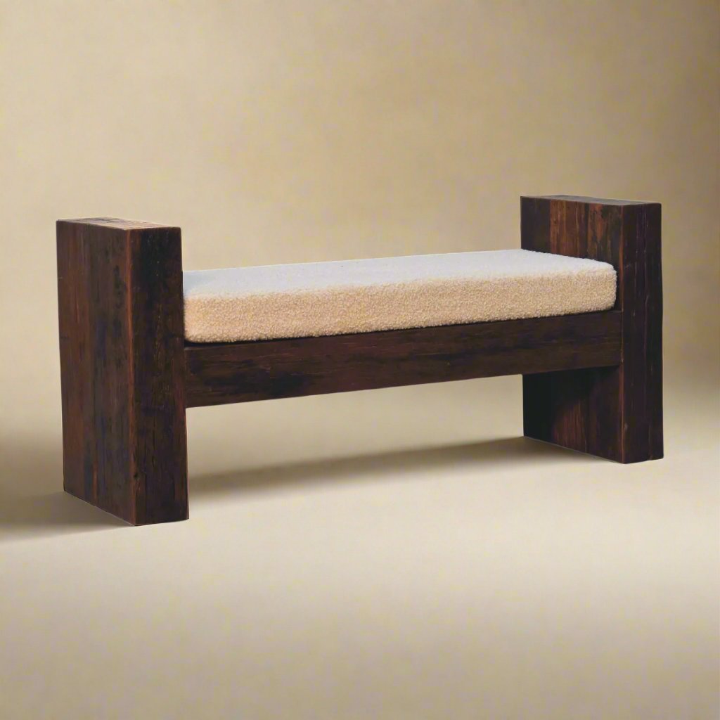 Wood Bench with Boucle Seat | Teak, Oak & Pine with Ridged Edges