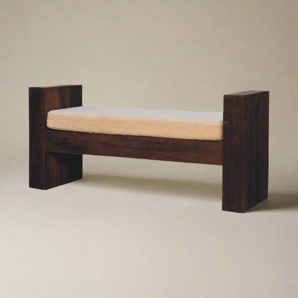 Wood Bench with Boucle Seat | Teak, Oak & Pine with Ridged Edges