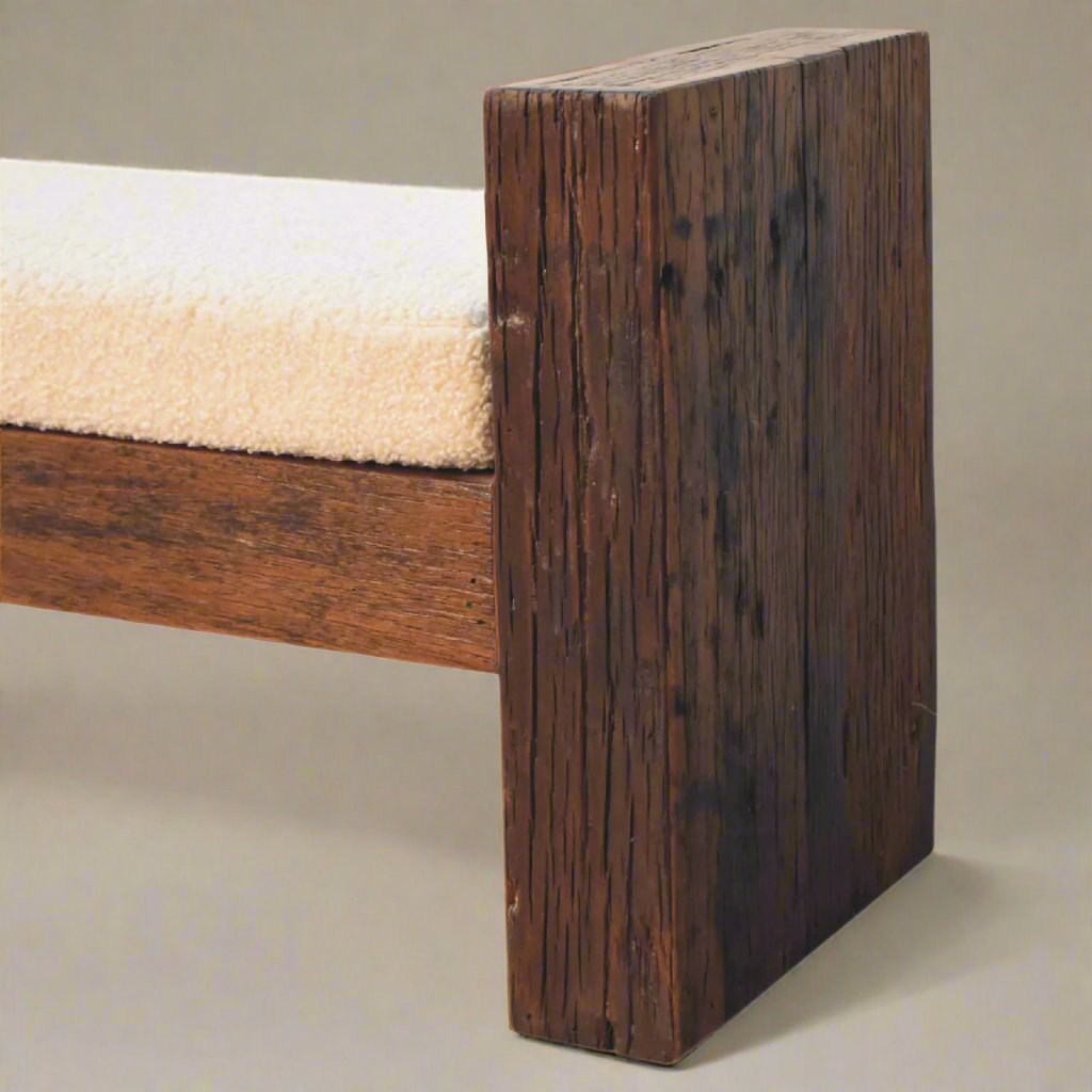 Wood Bench with Boucle Seat | Teak, Oak & Pine with Ridged Edges