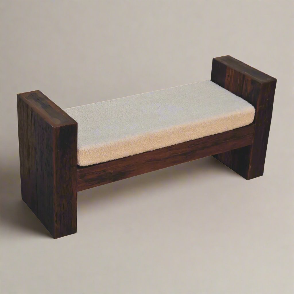 Wood Bench with Boucle Seat | Teak, Oak & Pine with Ridged Edges