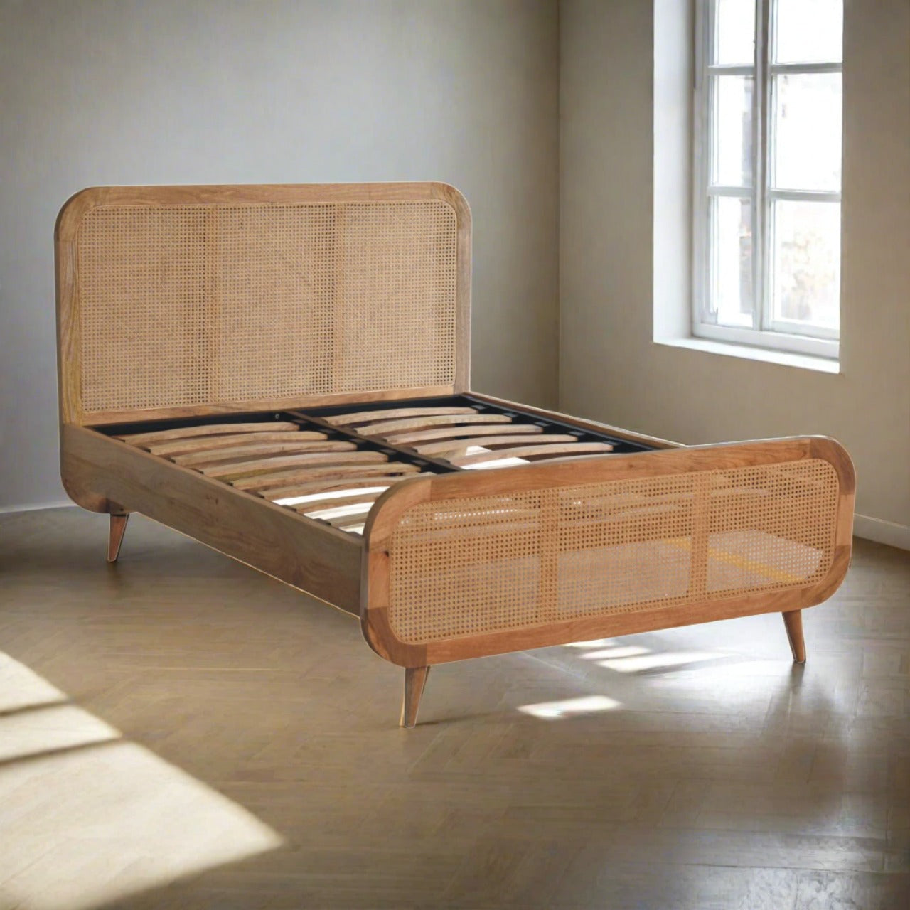 Rattan Bed - Solid Mango Wood with Oak Finish | Elegant UK Bedroom Furniture