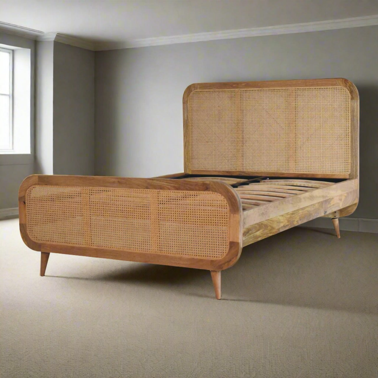 Rattan Bed - Solid Mango Wood with Oak Finish | Elegant UK Bedroom Furniture