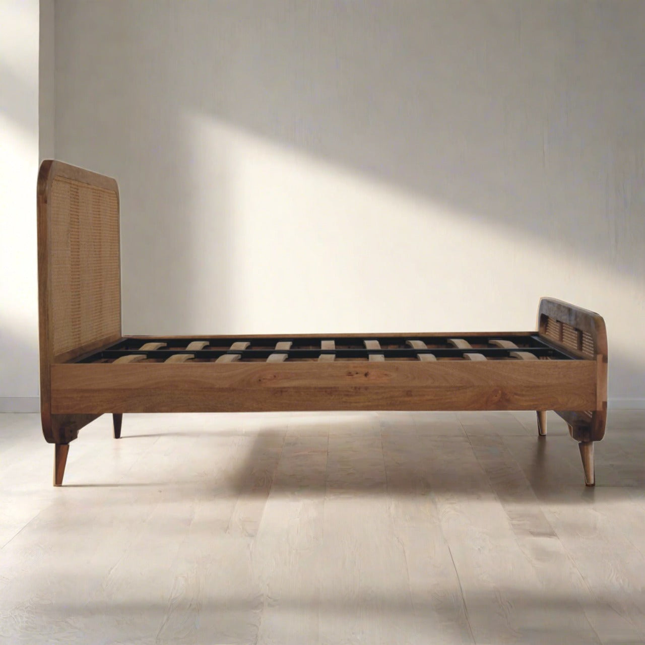 Rattan Bed - Solid Mango Wood with Oak Finish | Elegant UK Bedroom Furniture