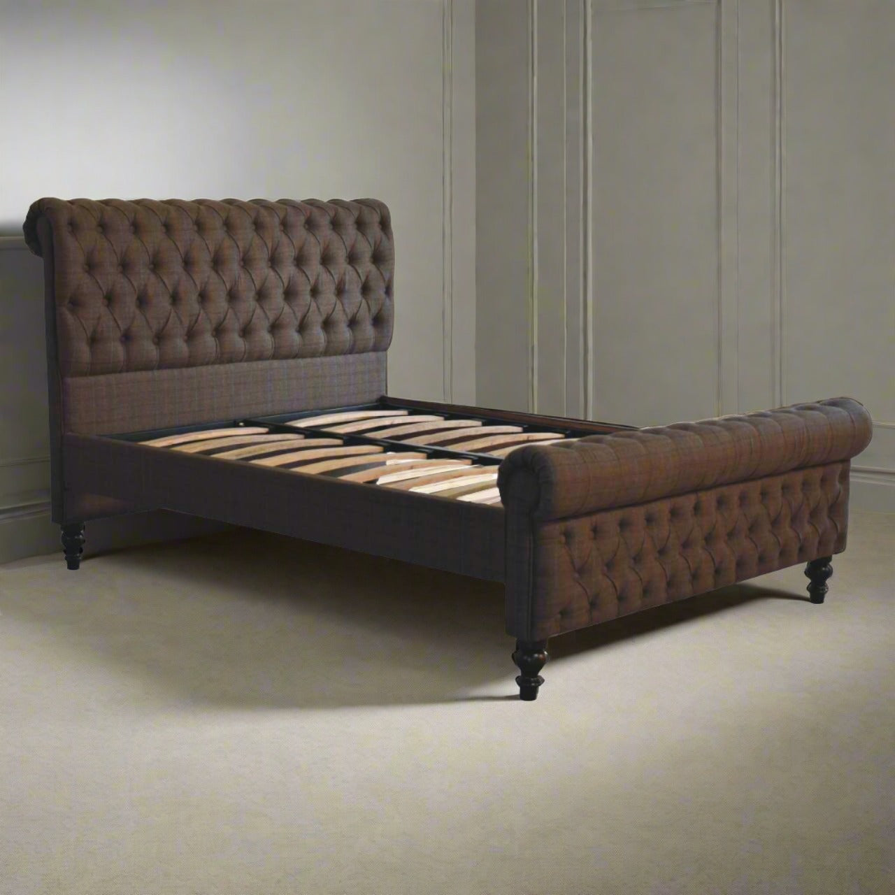 Multi Tweed Roll-Top Bed - Solid Mango Wood with Deep Button Design | Luxurious UK Bedroom Furniture