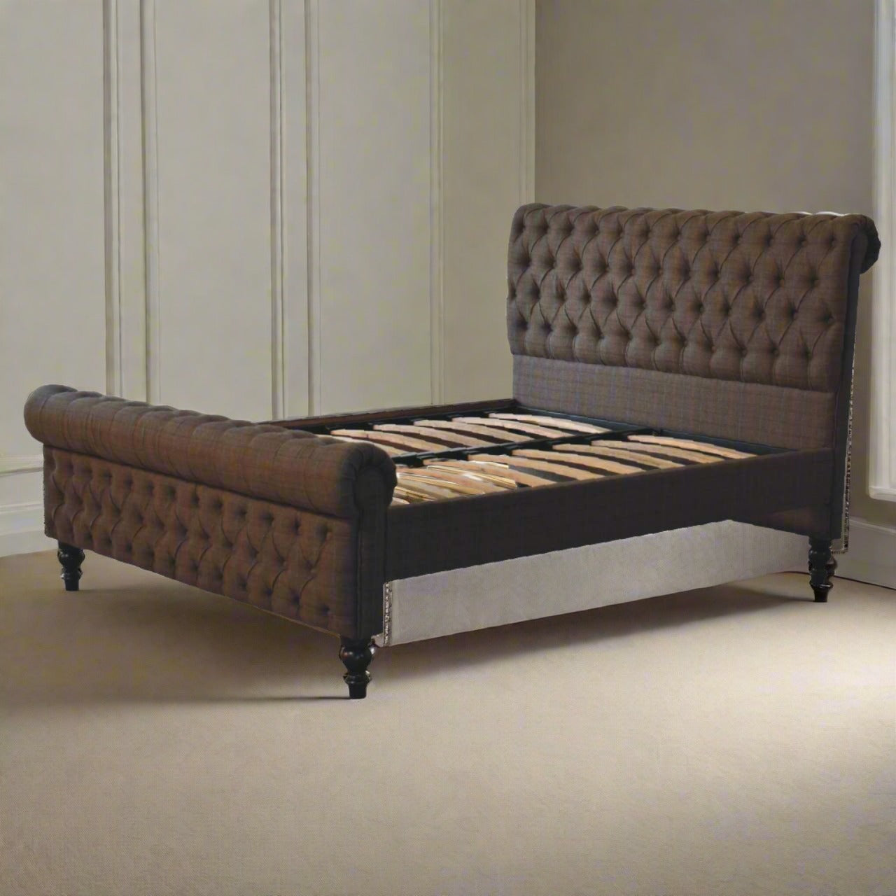 Multi Tweed Roll-Top Bed - Solid Mango Wood with Deep Button Design | Luxurious UK Bedroom Furniture