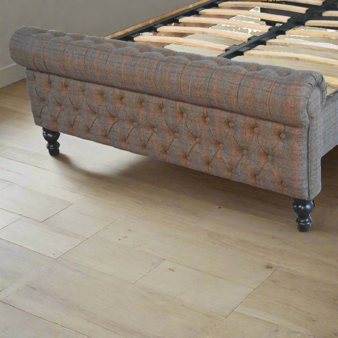 Multi Tweed Roll-Top Bed - Solid Mango Wood with Deep Button Design | Luxurious UK Bedroom Furniture