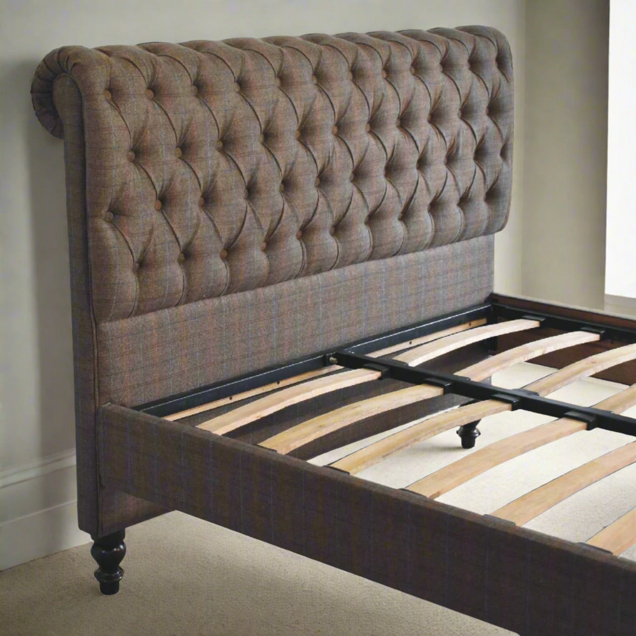 Multi Tweed Roll-Top Bed - Solid Mango Wood with Deep Button Design | Luxurious UK Bedroom Furniture