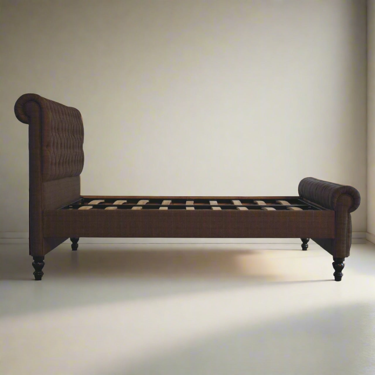 Multi Tweed Roll-Top Bed - Solid Mango Wood with Deep Button Design | Luxurious UK Bedroom Furniture