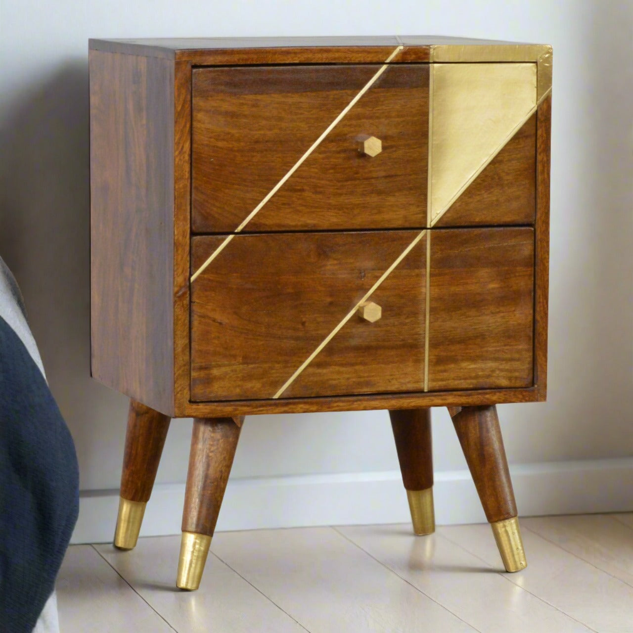 Gold Geometric Chestnut Bedside with 2 Drawers