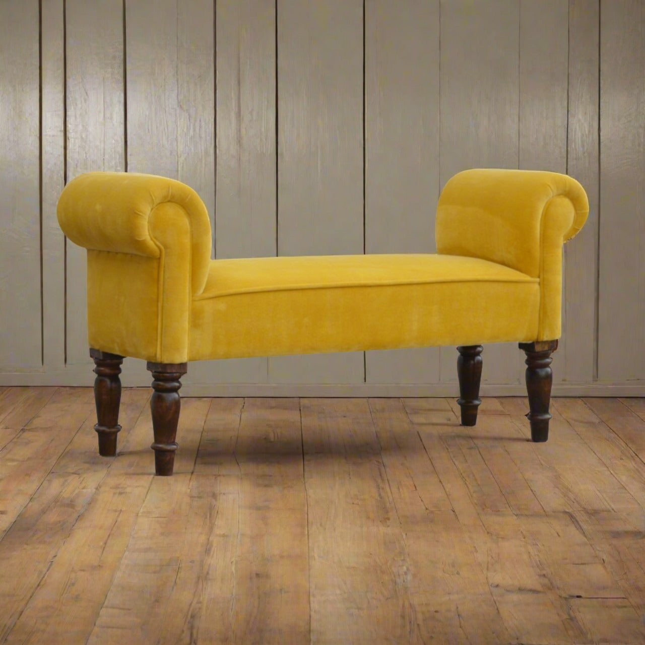 Mustard Yellow Velvet Bench | Solid Mango Wood Legs with Walnut Finish